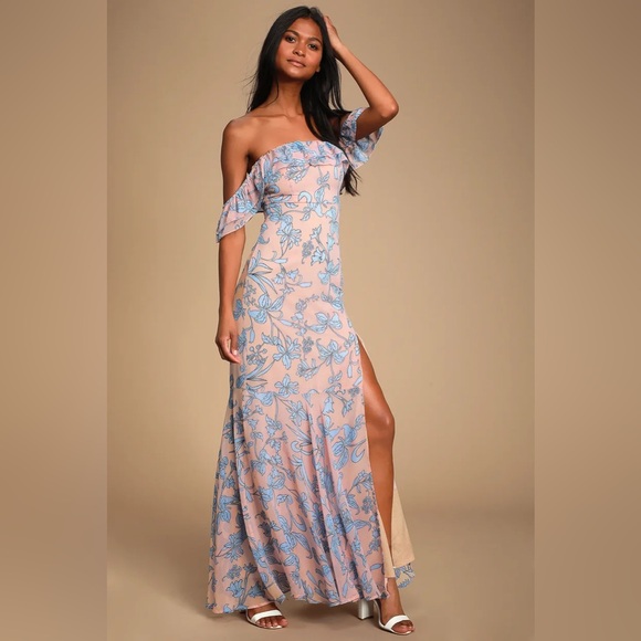 Lulu’s | Adelaide Blush Floral Print Off-the-Shoulder Maxi Dress - Size S - Picture 1 of 5